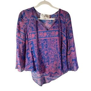 Rory Beca Silk Boho Peasant Blouse Handkerchief Hem Tassel XS